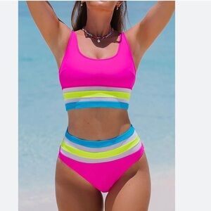 Hilinker Woman’s High Waisted Mesh Colorblock Bikini Set Two Pc Size XL